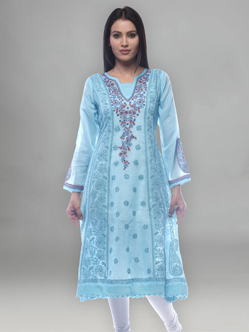 Seva Chikan Hand Embroidered Sky Blue Cotton Lucknowi Chikankari Anarkali- SCL0234