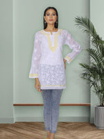 Load image into Gallery viewer, Seva Chikan Hand Embroidered White Cotton Lucknowi Chikan Short Kurti SCL1058