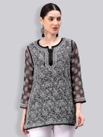 Load image into Gallery viewer, Seva Chikan Hand Embroidered Lucknowi Chikankari Black Georgette Short Top With Cotton Slip SCL9082