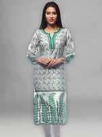 Load image into Gallery viewer, Seva Chikan Hand Embroidered White Chanderi Silk Lucknowi Chikan Kurti-SCL0250