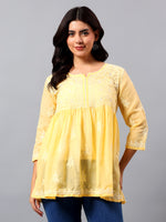 Load image into Gallery viewer, Seva Chikan Hand Embroidered Terivoil Cotton Lucknowi Chikan Yellow Top SCL9242