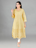 Load image into Gallery viewer, Seva Chikan Hand Embroidered Yellow Cotton Lucknowi Chikankari Anarkali-SCL1238