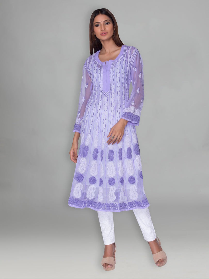 Seva Chikan Hand Embroidered Purple Faux Georgette Lucknowi Chikankari Anarkali Kurta-SCL0960