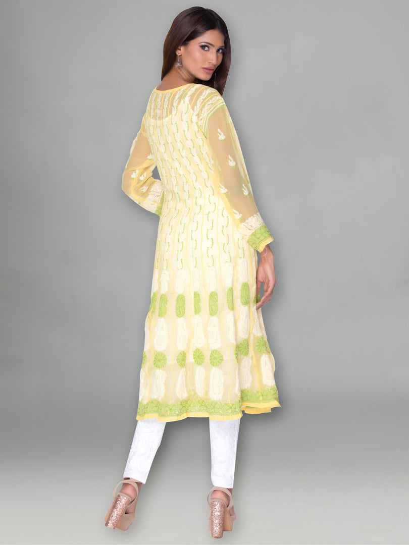 Seva Chikan Hand Embroidered Yellow Faux Georgette Lucknowi Chikankari Anarkali Kurta-SCL0961