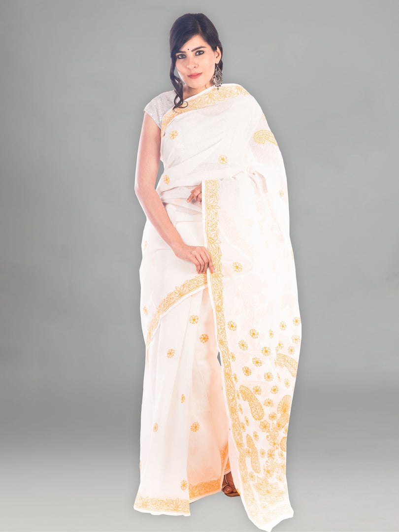 Seva Chikan Hand Embroidered White Kota Lucknowi Saree-SCL1196