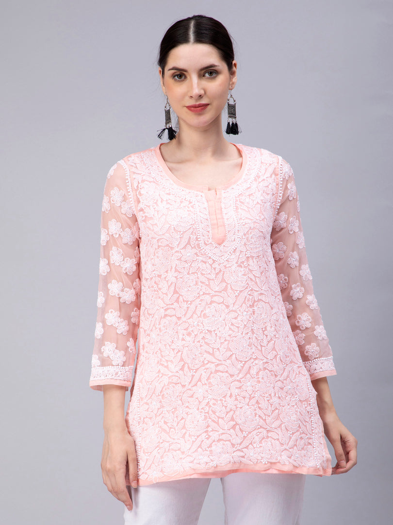 Seva Chikan Hand Embroidered Georgette Lucknowi Chikan Top With Slip