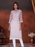 Load image into Gallery viewer, Seva Chikan Hand Embroidered Peach Georgette Lucknowi Chikan Kurti SCL1032