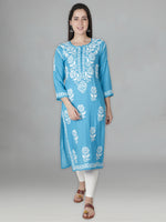 Load image into Gallery viewer, Seva Chikan Hand Embroidered Firozi Blue Modal Cotton Lucknowi Chikankari Kurta-SCL4345