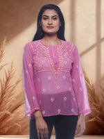 Load image into Gallery viewer, Seva Chikan Hand Embroidered Pink Georgette Lucknowi Chikankari Short Top SCL0163