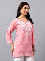 Load image into Gallery viewer, Seva Chikan Hand Embroidered Peach Rayon Lucknowi Chikan Top SCL9156