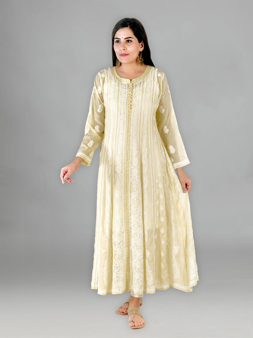 Seva Chikan Hand Embroidered Light Green Cotton Lucknowi Chikankari Anarkali-SCL1324
