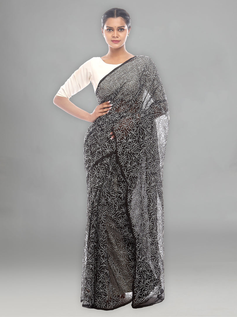 Seva Chikan Hand Embroidered Black Georgette Lucknowi Saree-SCL2449