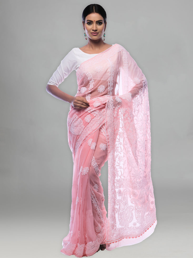 Seva Chikan Hand Embroidered Peach Georgette Lucknowi Saree-SCL0379