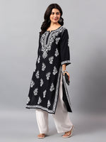 Load image into Gallery viewer, Seva Chikan Hand Embroidered Lucknowi Chikankari Black Cotton Kurta SCL4772