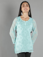 Load image into Gallery viewer, Seva Chikan Hand Embroidered  Georgette Lucknowi Chikan Top With Slip
