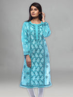 Load image into Gallery viewer, Seva Chikan Hand Embroidered Turquoise Cotton Lucknowi Chikan Kurti-SCL0252