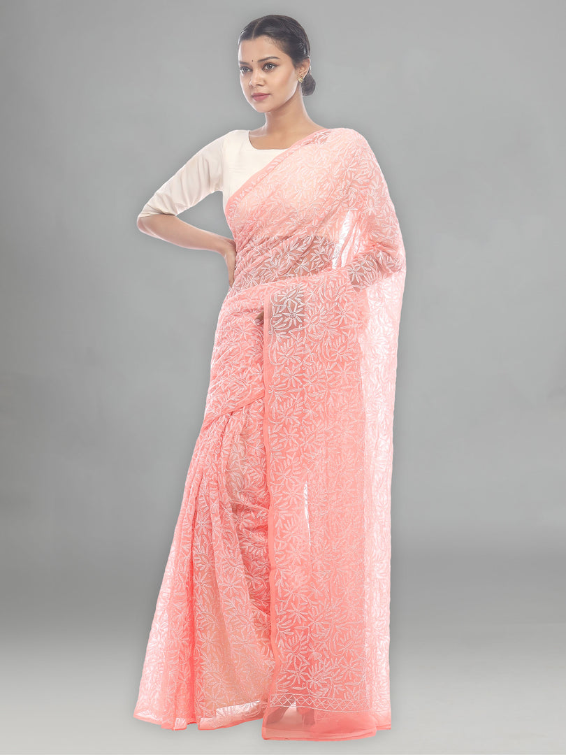 Seva Chikan Hand Embroidered Peach Georgette Lucknowi Saree-SCL2448