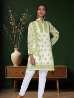 Load image into Gallery viewer, Seva Chikan Hand Embroidered Lemon Cotton Lucknowi Chikan Short Kurti SCL1062