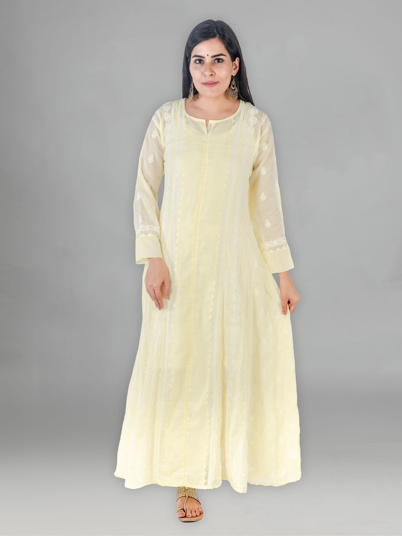 Seva Chikan Hand Embroidered Yellow Cotton Lucknowi Chikankari Anarkali-SCL1770