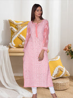 Load image into Gallery viewer, Seva Chikan Hand Embroidered Peach Georgette Lucknowi Chikan Kurti SCL1009