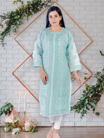 Load image into Gallery viewer, Seva Chikan Hand Embroidered Turquoise Cotton Luckowi Chikan Kurti SCL1213
