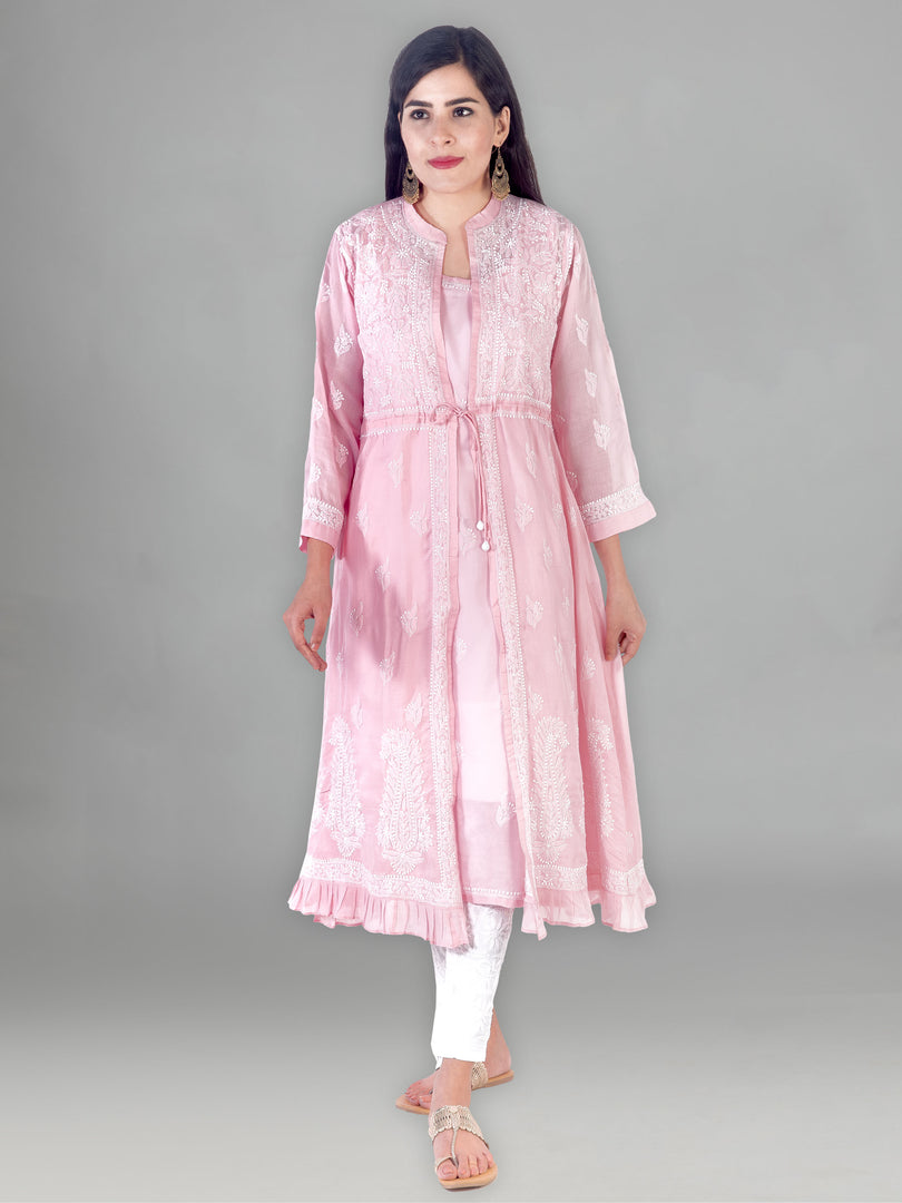 Seva Chikan Hand Embroidered Pink Cotton Lucknowi Chikankari Sarag-SCL1366