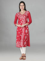 Load image into Gallery viewer, Seva Chikan Hand Embroidered Red Cotton Chikankari Angarkha Style Kurta