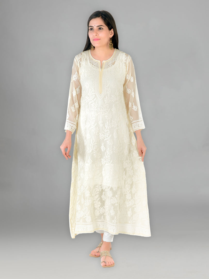 Seva Chikan Hand Embroidered Beige Georgette Lucknowi Chikankari Anarkali-SCL1337