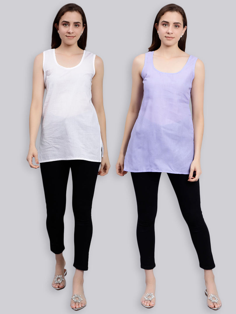 Seva Chikan Cotton Short Slips Combo of White (Pack of 2)