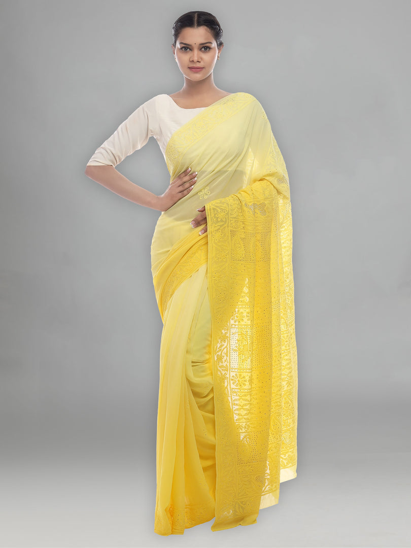 Seva Chikan Hand Embroidered Yellow Viscose Georgette Saree-SCL2348