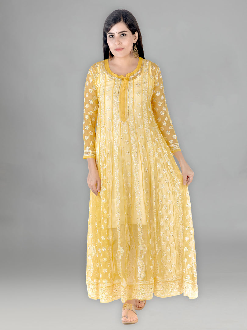 Seva Chikan Hand Embroidered Yellow Georgette Lucknowi Chikankari Anarkali-SCL1364