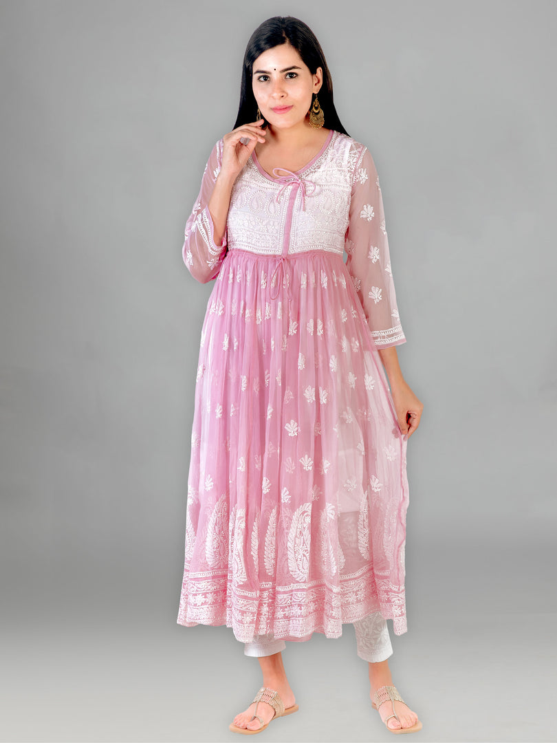 Seva Chikan Hand Embroidered Pink Georgette Lucknowi Chikankari Anarkali-SCL1319