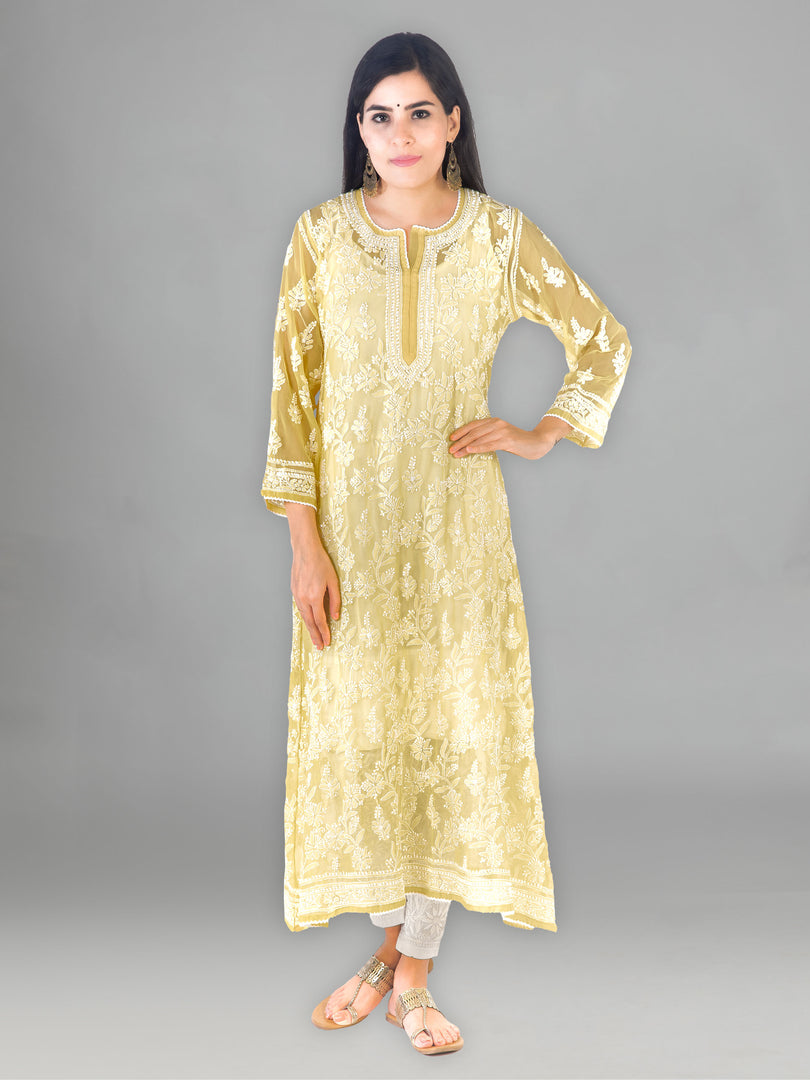 Seva Chikan Hand Embroidered Yellow Georgette Lucknowi Chikankari Anarkali-SCL1348