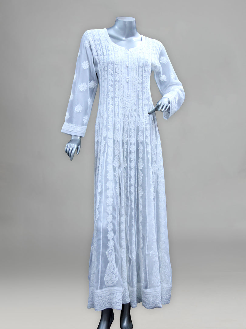 Seva Chikan Hand Embroidered White Georgette Lucknowi Chikankari Anarkali-SCL0875