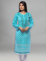 Load image into Gallery viewer, Seva Chikan Hand Embroidered Turquoise Cotton Lucknowi Chikan Kurti-SCL0273