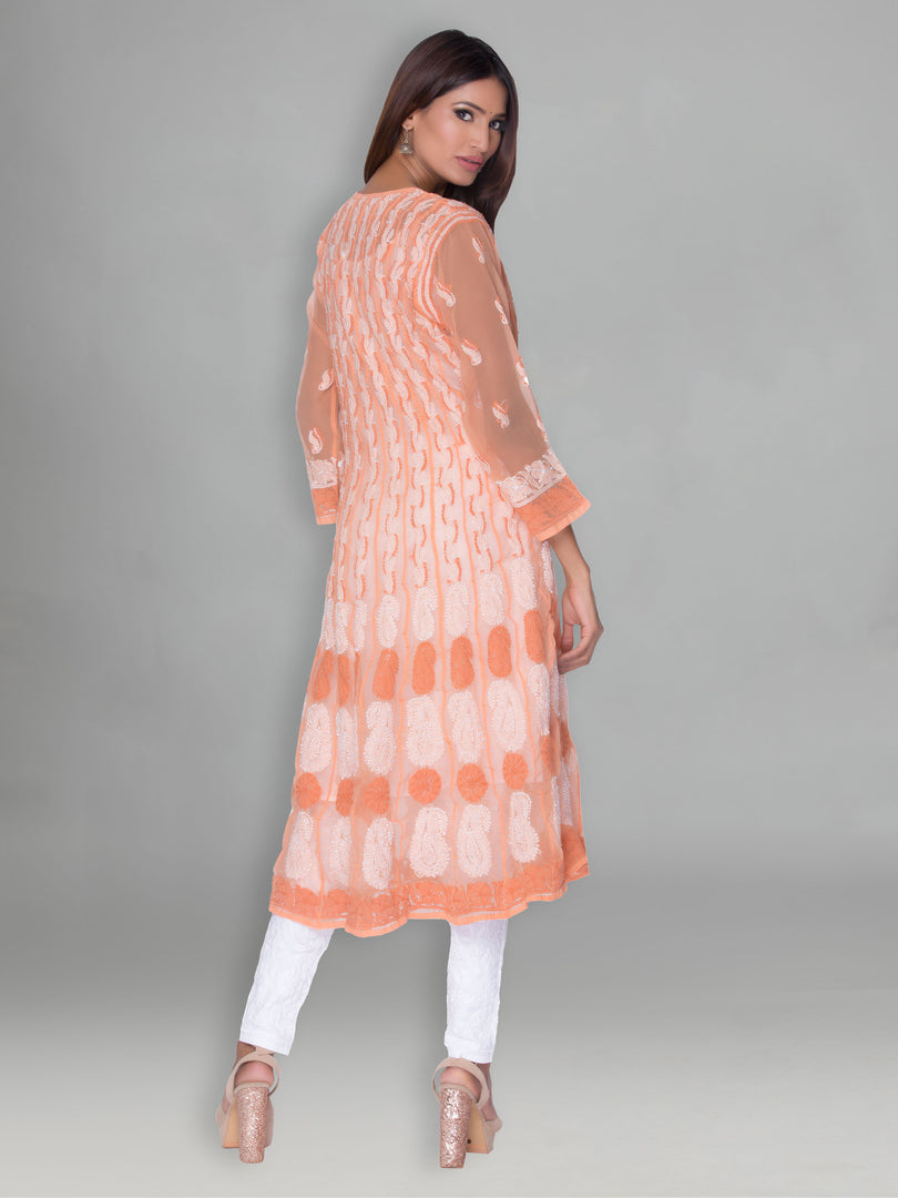Seva Chikan Hand Embroidered Peach Faux Georgette Lucknowi Chikankari Anarkali Kurta-SCL0958
