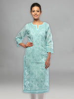 Load image into Gallery viewer, Seva Chikan Hand Embroidered Turquoise Cotton Lucknowi Chikan Kurta-SCL0637