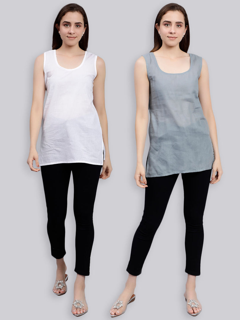 Seva Chikan Cotton Short Slips Combo of White (Pack of 2)