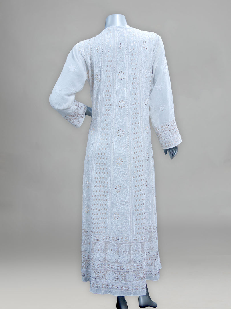 Seva Chikan Hand Embroidered White Pure Georgette Semi-Stitched Anarkali & Dupatta With Gotta Patti & Mukaish Work-SCL0880