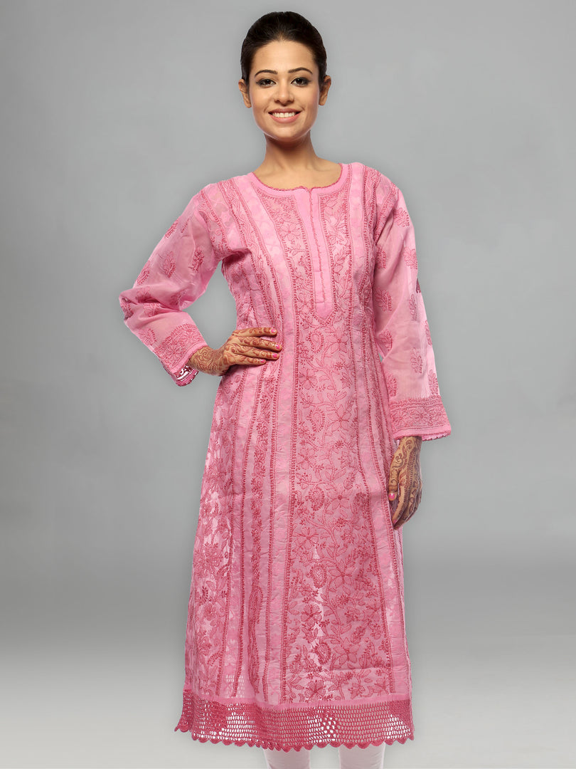 Seva Chikan Hand Embroidered Pink Cotton Lucknowi Chikankari Anarkali-SCL0633