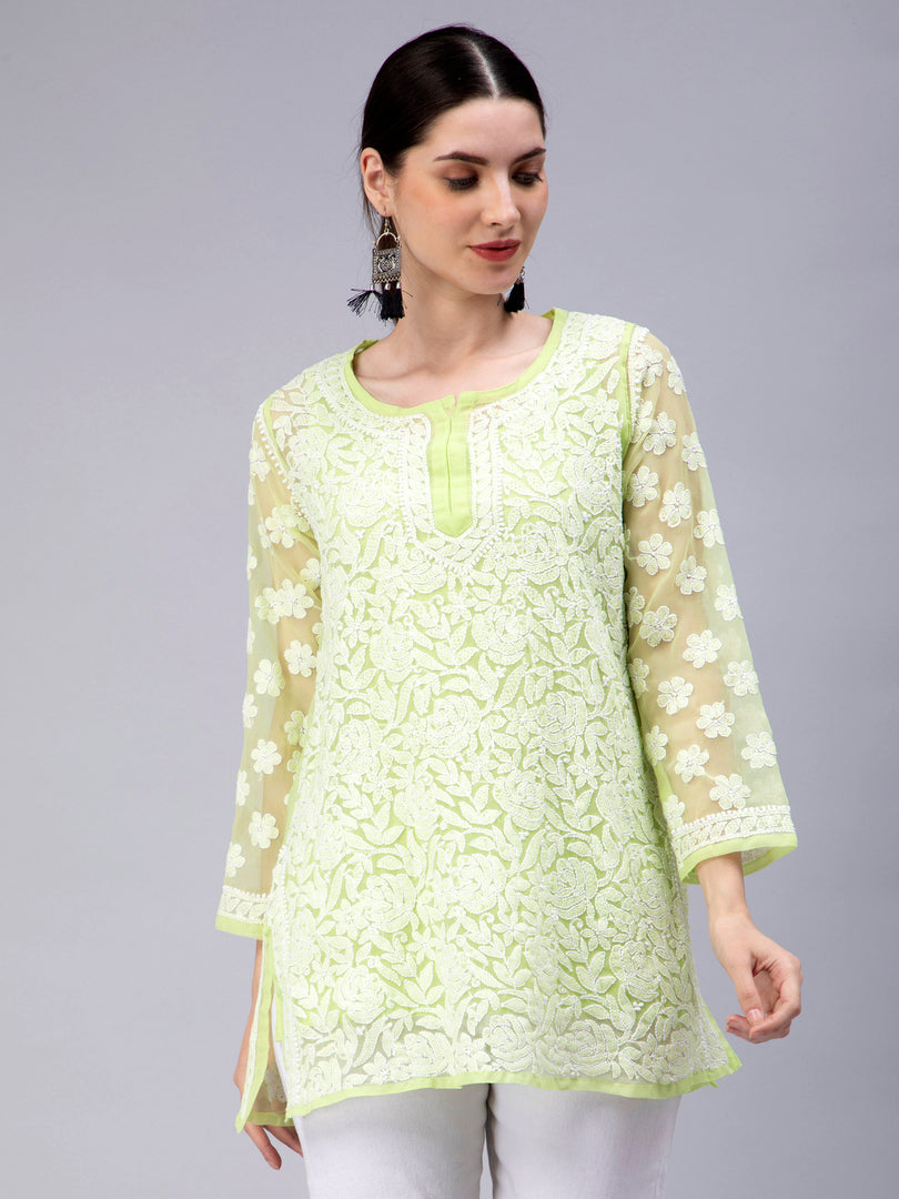 Seva Chikan Hand Embroidered Georgette Lucknowi Chikan Top With Slip