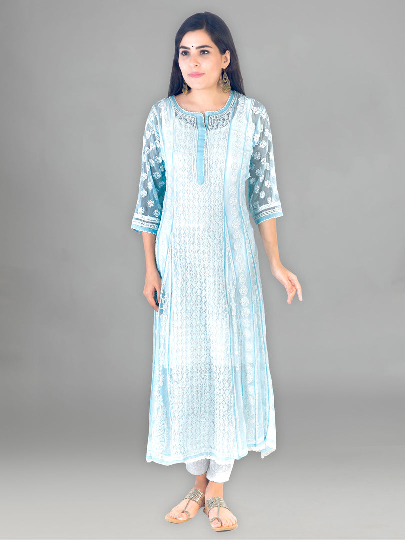Seva Chikan Hand Embroidered Sky Blue Georgette Lucknowi Chikankari Anarkali-SCL1327