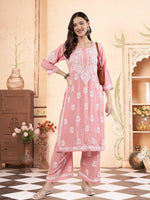 Load image into Gallery viewer, Seva Chikan Hand Embroidered Peach Rayon Lucknowi Chikankari Kurta Set SCL8046