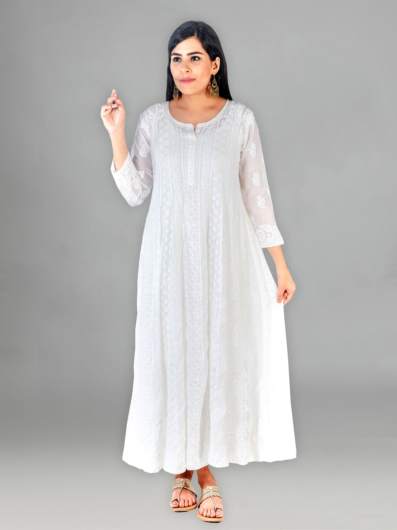 Seva Chikan Hand Embroidered White Cotton Lucknowi Chikankari Anarkali- SCL1317