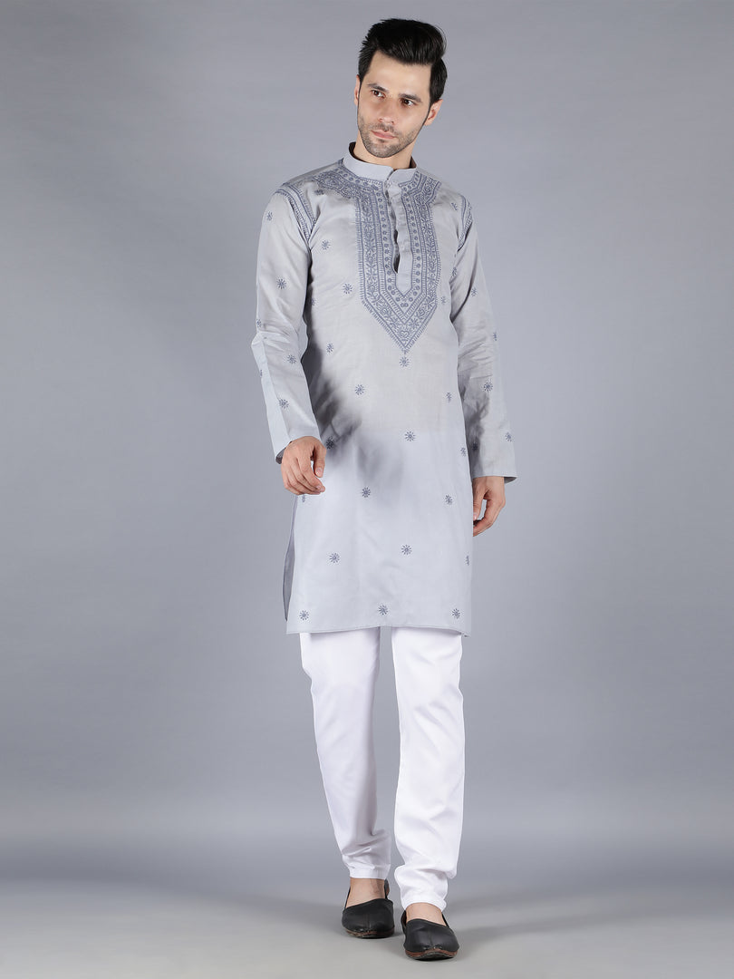 Seva Chikan Hand Embroidered Cotton Lucknowi Chikan Mens Stitched Kurta