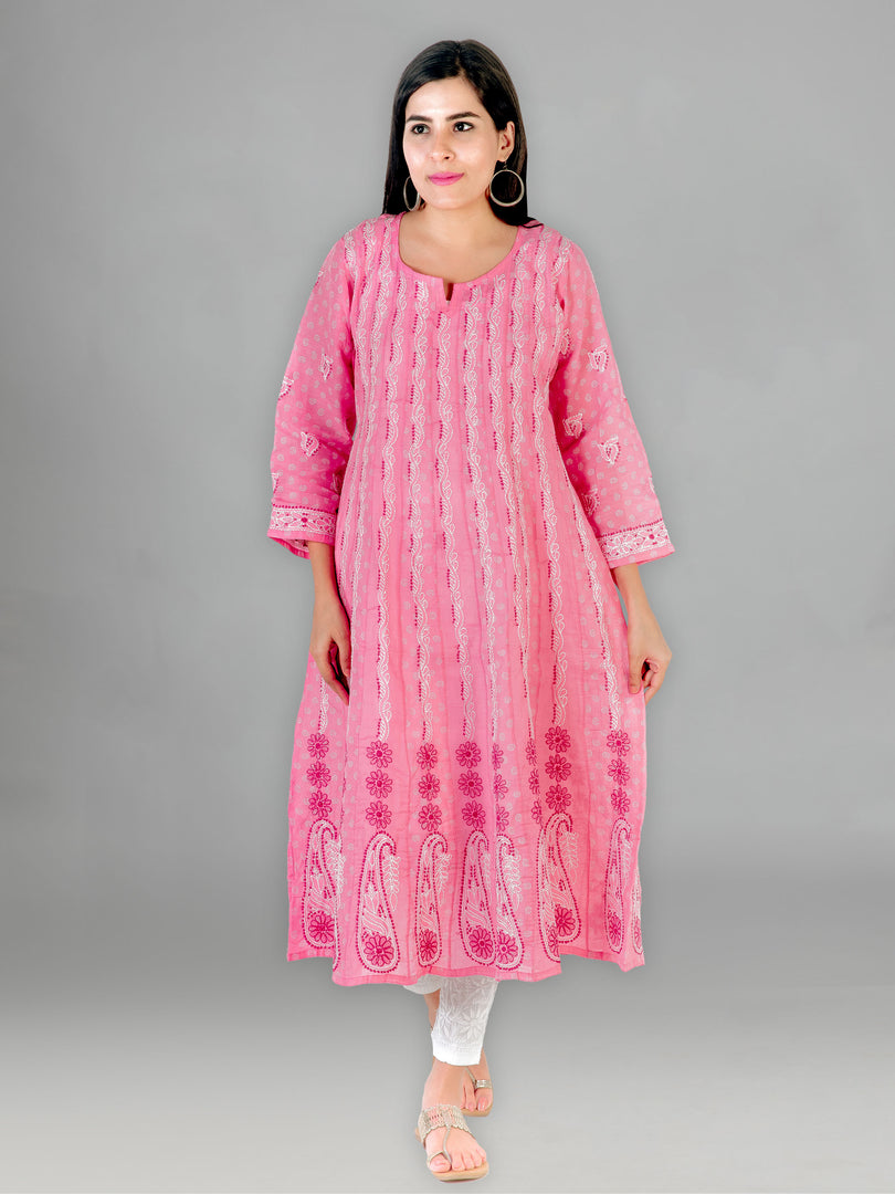 Seva Chikan Hand Embroidered Pink Cotton Lucknowi Chikankari Anarkali-SCL1239