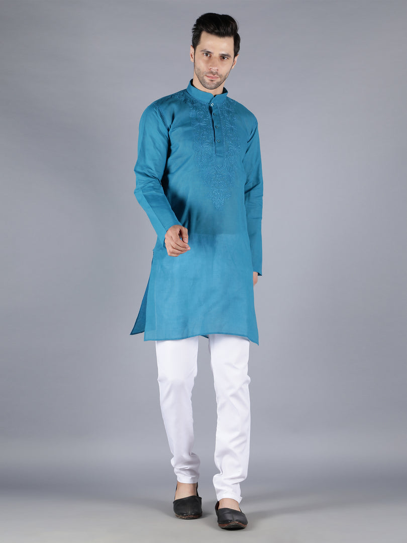 Seva Chikan Hand Embroidered  Cotton Lucknowi Chikan Mens Stitched Kurta