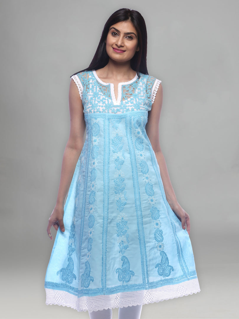 Seva Chikan Hand Embroidered Sky Blue Cotton Lucknowi Chikankari Anarkali-SCL0241