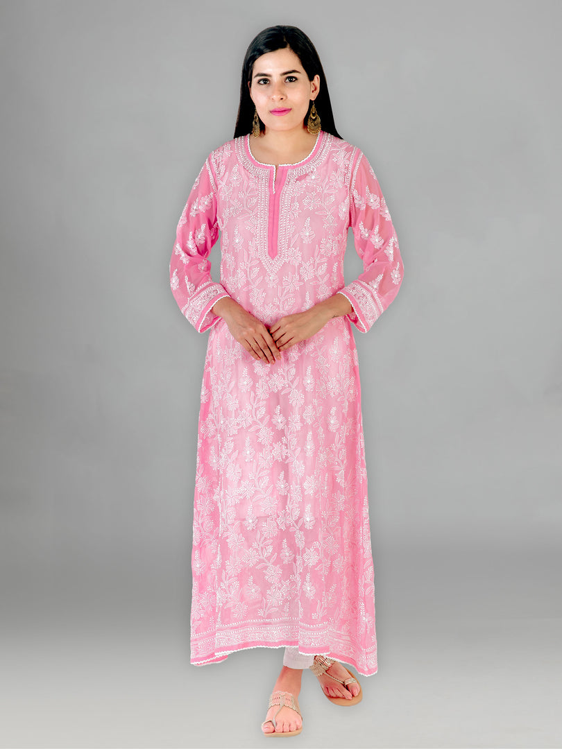 Seva Chikan Hand Embroidered Pink Georgette Lucknowi Chikankari Anarkali-SCL1288