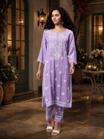 Load image into Gallery viewer, Seva Chikan Hand Embroidered Mauve Rayon Lucknowi Chikankari Kurta Set SCL8090